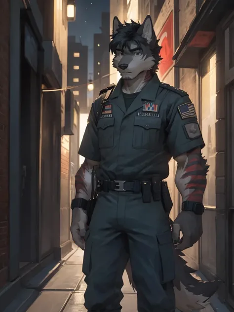 Male, male focus, wolf, short hairs, black fur, white fur, black hair, Red heart stripes on his hair, navy seal military uniform, high quality, highlight, shade, shadow, city street, night, scars, high details, Very high level of detail, Very detailed shad...