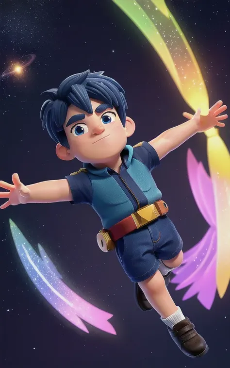 a cartoon boy flying in galaxy