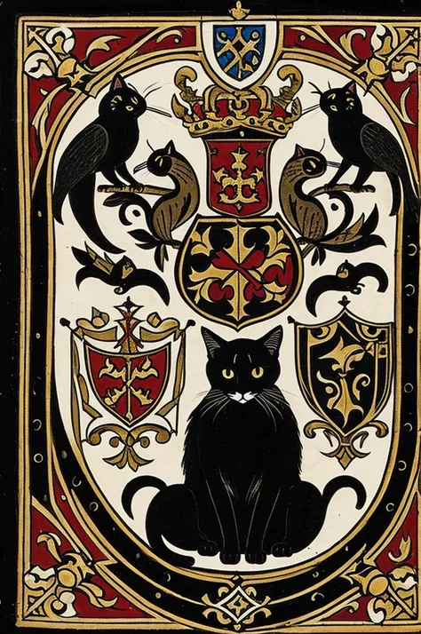 Medieval family coat of arms with 3 black cats, three white cats with black and a central hummingbird