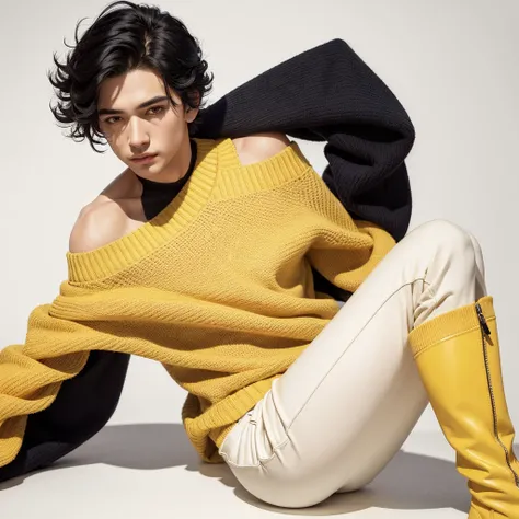 ((best qualityer)), ((work of art)), (detailded), 1 boy, Bblack hair, yellow off-shoulder sweater, white boot, yellow pants, White background,