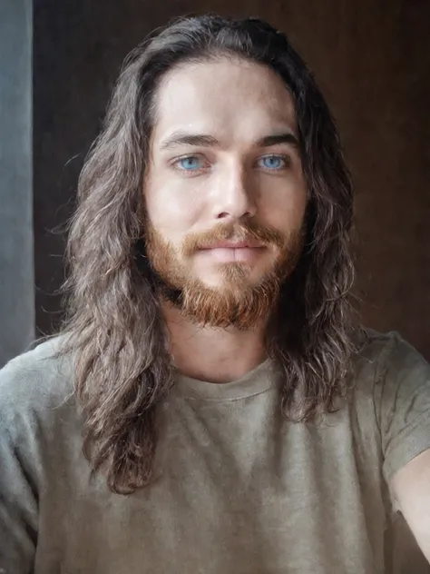 cheveux longs avec une barbe,  ses cheveux sont en désordre et négligés, 28 ans, 32 ans, une photo d'un homme échevelé, ambiance...