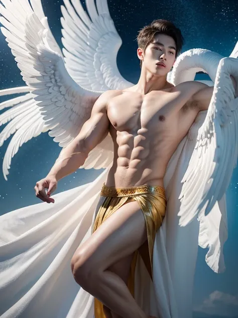 young buddha as christian angel wearing very short greek cloth,Angel wings, Korean male model, k pop idol,  topless, muscles, head to toe, full body portrait, realistic, romantic, photograph, portrait, elegance handsome, athlete body, full frame,appeals,pl...