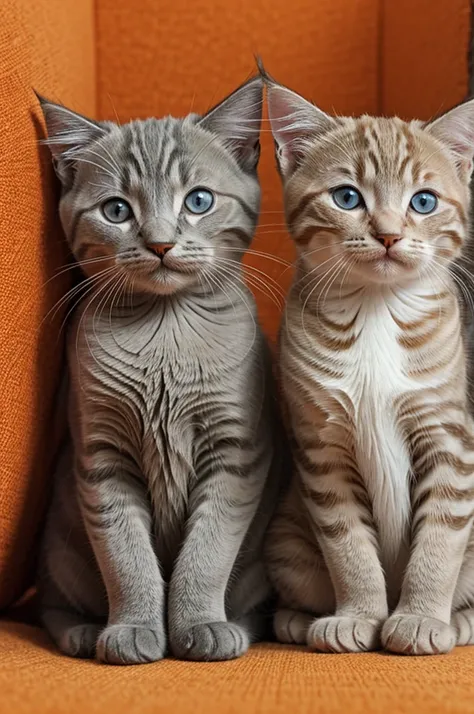 An orange kitten and a gray cat leaning on each other 