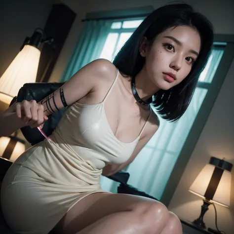 (work of art) best qualityer, ultra detaild, golden neon proportion, ultra realistic) Photo of a Japanese woman with penetrating and intense gaze, dressed in retrofuturistic costume (moles, tshirts, fair shirts, fair dresses) vibrant makeup, bedroom settin...