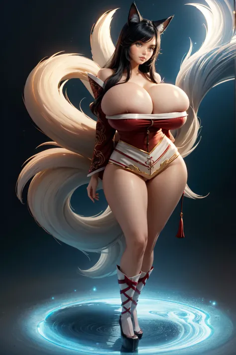 1 girl, long black hair, fox ears, only fox ears, crimson eyes, extremly detailed, blushing, huge breasts, sexy and seductive, wearing red and white erotic kimono, tall, long flufy nine fox tails, thicc thighs, wide hips, smile, horny, absurdes, high res, ...