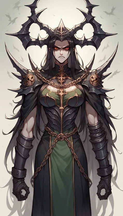 a woman, with eyes and long hair, Warhammer universe, anime design, wearing military lord captain garment, with grim dark elements, in a detailed darkened infrastructure backdrop, surrounded by civilians, evil chains