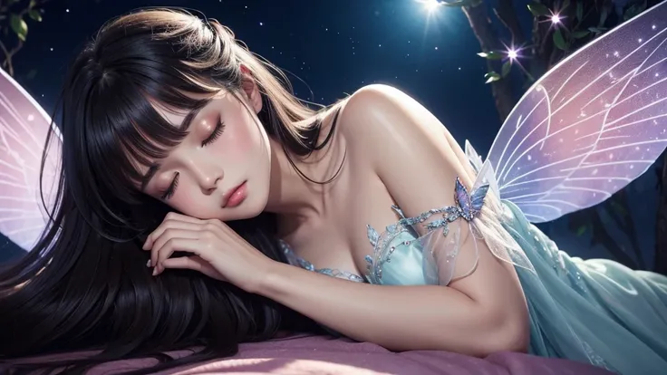 A beautiful fairy with wings、Sleeping、Fairy in front、Upper Body、bangs、Close-up of face、Glossy lips、night、high resolution、mysterious、high resolution、