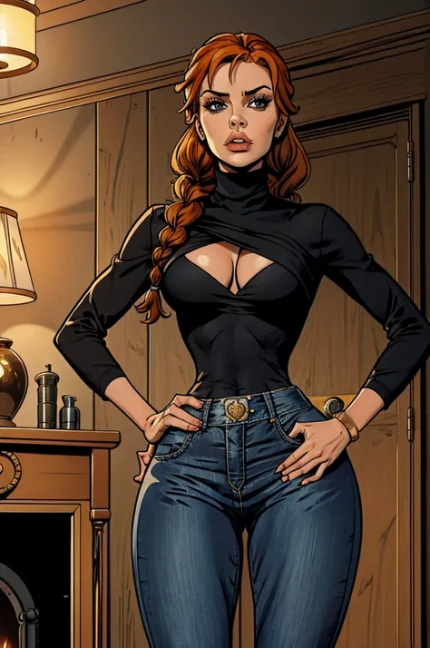 1 female, hourglass figure, pouty look, housewife, cleavage, Black turtleneck, small waist, thick thighs, orange hair, braided, hands on hips, tight jeans, masterpiece, 4k.
