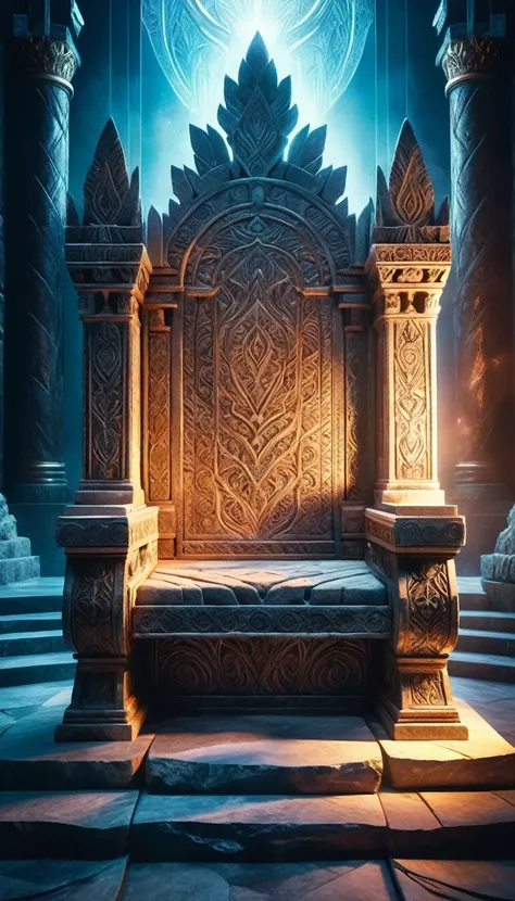 a majestic throne of power carved from stone, detailed intricate designs, powerful magical aura, dramatic lighting, cinematic composition, epic fantasy, muted color palette, photorealistic, 8k, best quality