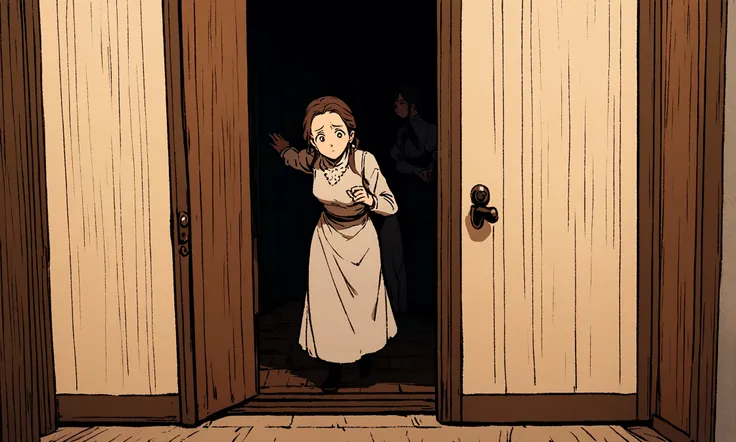 The protagonists mother appears in the doorway, her face curious and concerned.