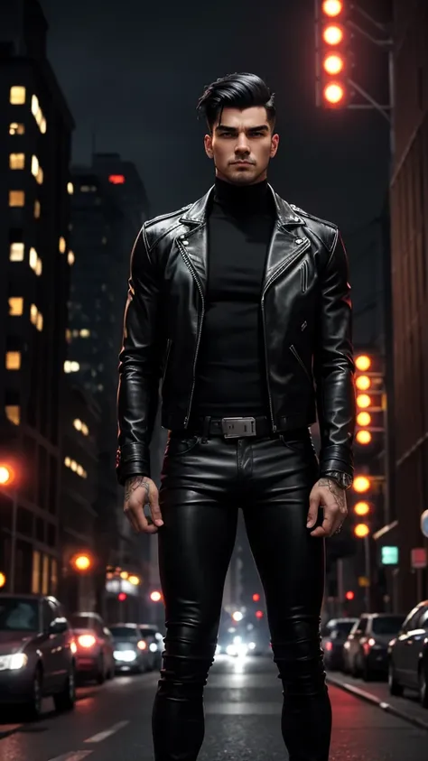 
"Generate an image of a confident, muscular young man standing in a modern city street at dusk. He has short, tousled black hair with a slight undercut and piercing red eyes. He is wearing a form-fitting black turtleneck, a red leather biker jacket, and t...