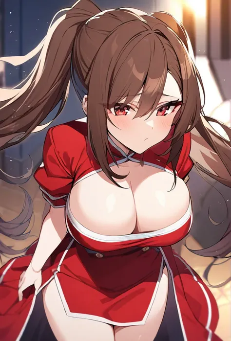 girl, brown hair, long hair, ponytails, ponytails on the sides of the head, red eyes, red dress, short dress, big breasts 