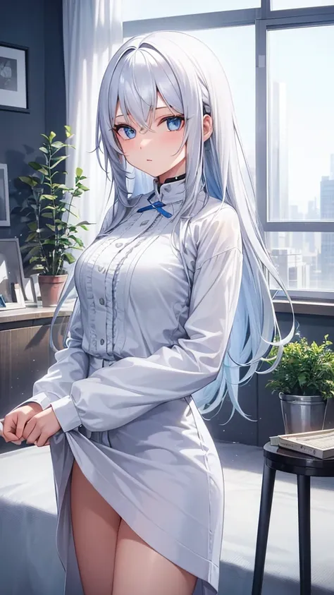 A girl with beautiful long white hair with blue eyes in a modern apartment