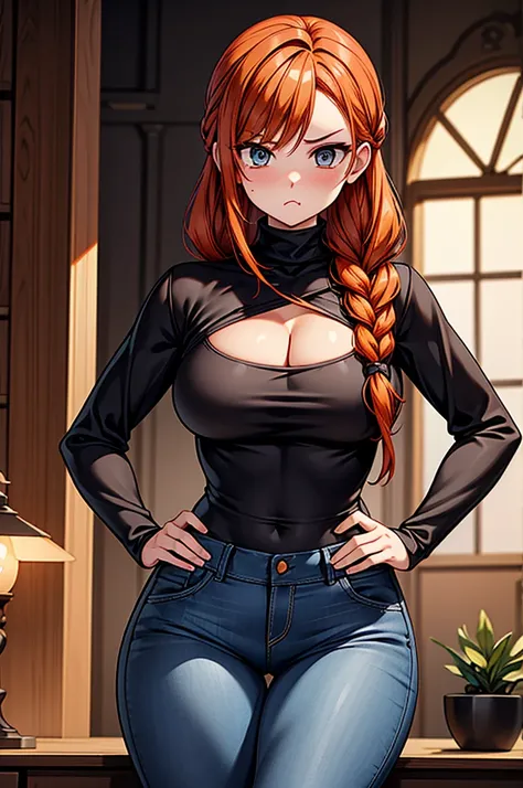 1 female, hourglass figure, pouty look, housewife, cleavage, Black turtleneck, small waist, thick thighs, orange hair, braided, hands on hips, tight jeans, masterpiece, 4k.
