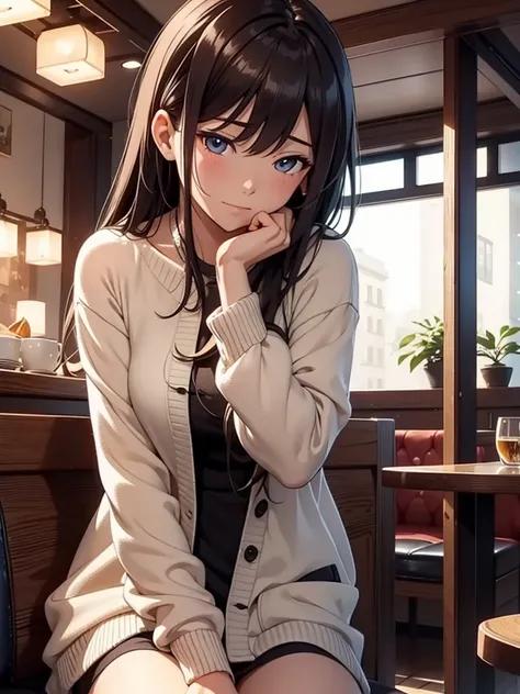 (​masterpiece、top-quality、hight resolution、Unity 8k Wallpaper、extremely details CG:1), In a cozy café, the protagonist is sitting across from a calm and elegant married woman he met on a dating site. In the middle of the conversation, her mood changes a li...