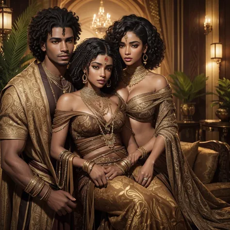 a beautiful couple, stunning black woman with curly hair, handsome latin man with brown skin, indian prince, detailed portrait, beautiful faces, chiseled jawlines, piercing eyes, lush lips, elegant poses, luxurious clothing, intricately patterned fabrics, ...