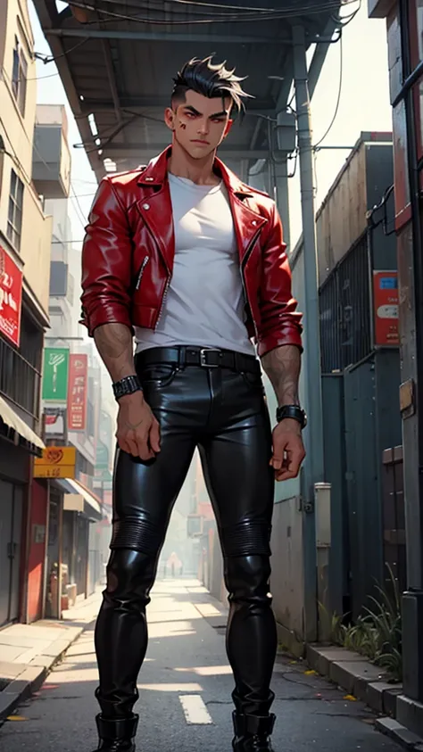 
"Generate an image of a confident, muscular young man standing in a modern city street at dusk. He has short, tousled black hair with a slight undercut and piercing red eyes. He is wearing a form-fitting black t-shirt, a red leather biker jacket, and tigh...