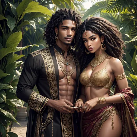 a beautiful couple, stunning black woman with curly hair, handsome latin man with brown skin, indian prince, detailed portrait, beautiful faces, chiseled jawlines, piercing eyes, lush lips, elegant poses, luxurious clothing, intricately patterned fabrics, ...