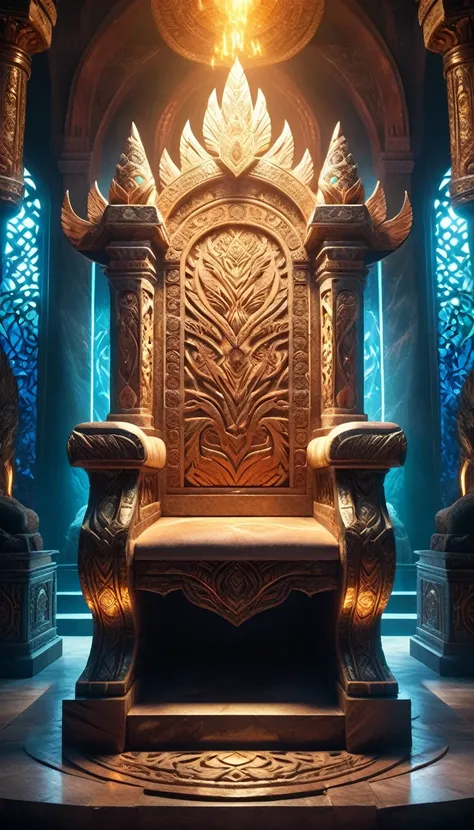 a majestic throne of power carved from stone, intricate ornate designs, skins of wild animals, powerful magical aura, dramatic lighting, cinematic composition, epic fantasy, muted color palette, photorealistic, 8k, best quality