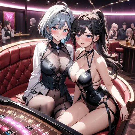 (8k, 4k, super digital, bishojo game CG style, beautiful image:1.1), (beautiful face, detailed eyes:1.1), 2 women, (naughty mature woman of 45 years old with dark bob cut wearing sexy clothes and young woman of 20 years old with dark ponytail:1.2), (black ...