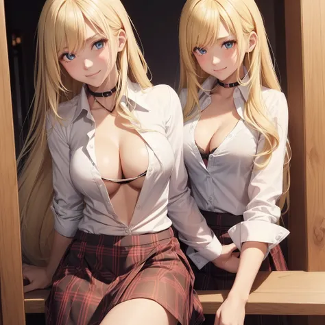 1girl only, smile, ((long blonde hair,Between dates.)),((open shirt, white collar shirt)), ((cleavage is visible.)), medium breasts, black and red plaid skirt, sarcastic, shy , blushing,((light skin)),((short sleeves))