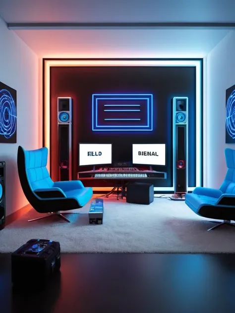 living room, music producer studio, living room vacía, con neones bluees, infernal themed futuristic background image, cables hell neon, symmetrical image, hell, White wall, negro, blue