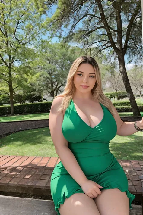 "Desenhe uma imagem realista de uma mulher em um jardim. She is wearing a short floral dress that highlights her curvy figure. The womans skin is extremely realistic and seems to be glowing, illuminated by the rays of the sun piercing through the leaves of...