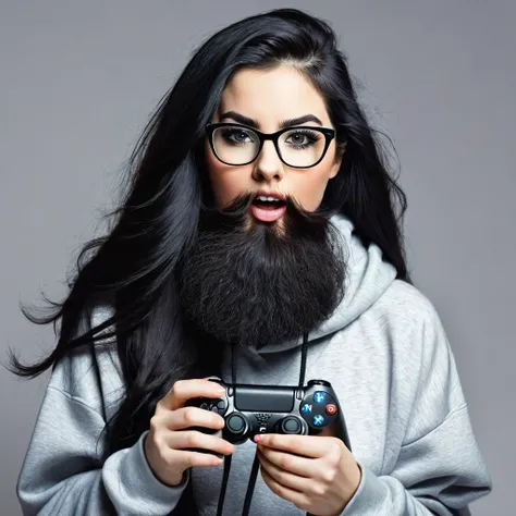 woman with huge and beautiful beard, long black hair, wears glasses, sweatshirt, geek nerd, plays video games