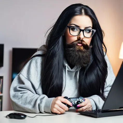 woman with huge and beautiful beard, long black hair, wears glasses, sweatshirt, geek nerd, plays video games