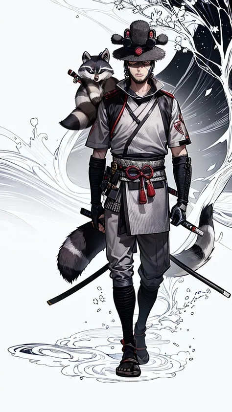 The wild raccoon man wears a ronin uniform and a straw samurai hat.