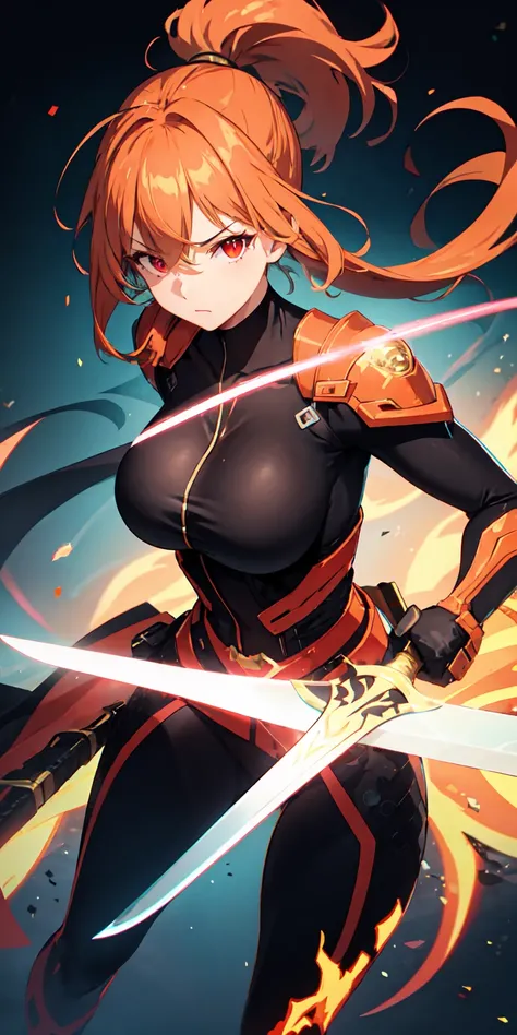 colorful, 1girl, mature, large breasts, orange hair, low ponytail hair, red eyes, dual wielding, sword, holding sword, red flames, glow, glowing weapon, light particles, wallpaper, chromatic aberration,