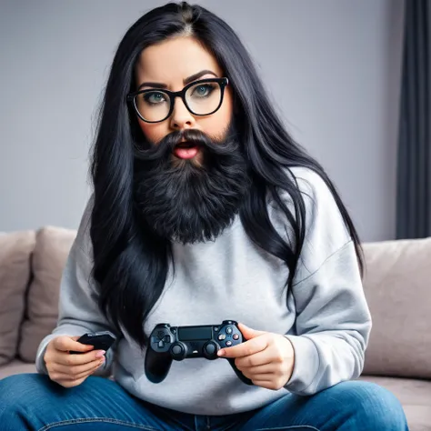 woman with huge and beautiful beard, long black hair, wears glasses, sweatshirt, geek nerd, plays video games