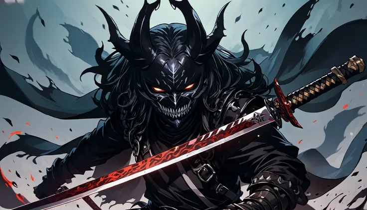 demon mask, sword on the hand,close up, black heavy detailed clothes, hand katana, art, dark and malevolent, hand sword, armor, powerful and intimidating, (masterpiece, best quality, ultra-detailed, best shadow), (detailed background, dark fantasy) dramati...