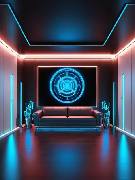 room, modern living room house, con neones bluees, infernal themed futuristic background image, cables hell neon, symmetrical image, hell, White wall, negro, blue