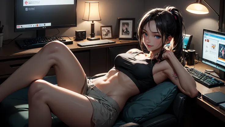 Create a high-quality, detailed image of a beautiful, sexy anime lofi girl with a ponytail, bright blue eyes, and a smile, sitting at her gaming PC in her cozy room. She has tattoos and wears a sexy see through tank top, showing her midriff with sleep shor...