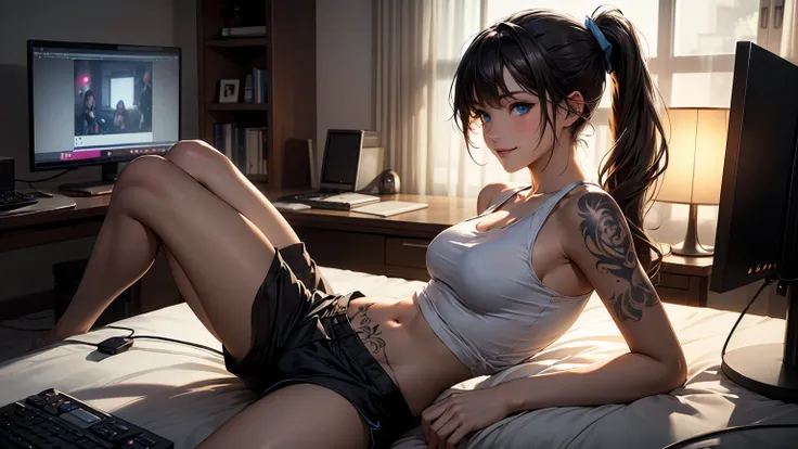 Create a high-quality, detailed image of a beautiful, sexy anime lofi girl with a ponytail, bright blue eyes, and a smile, sitting at her gaming PC in her cozy room. She has tattoos and wears a sexy see through tank top, showing her midriff with sleep shor...