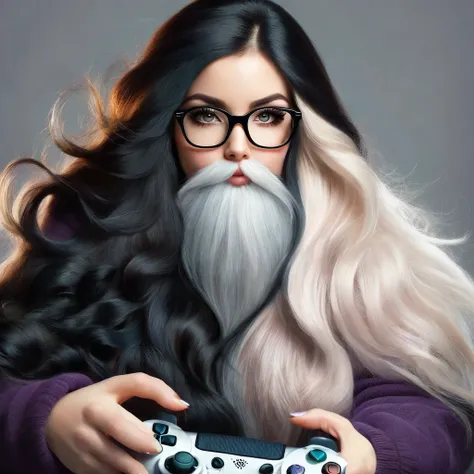 woman with huge and beautiful beard, long black hair, wears glasses, sweatshirt, geek nerd, plays video games