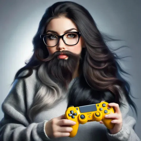 woman with huge and beautiful beard, long black hair, wears glasses, sweatshirt, geek nerd, plays video games