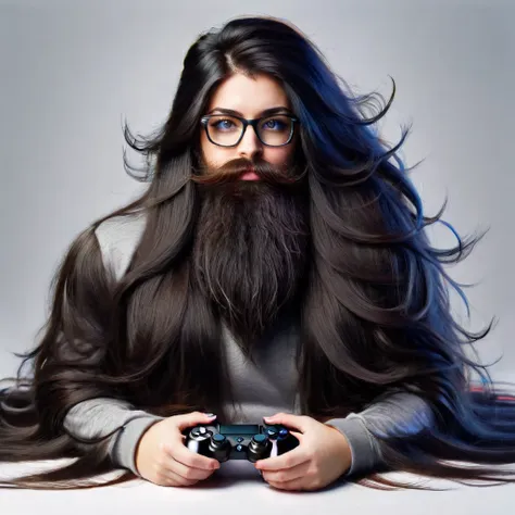 woman with huge and beautiful beard, long black hair, wears glasses, sweatshirt, geek nerd, plays video games