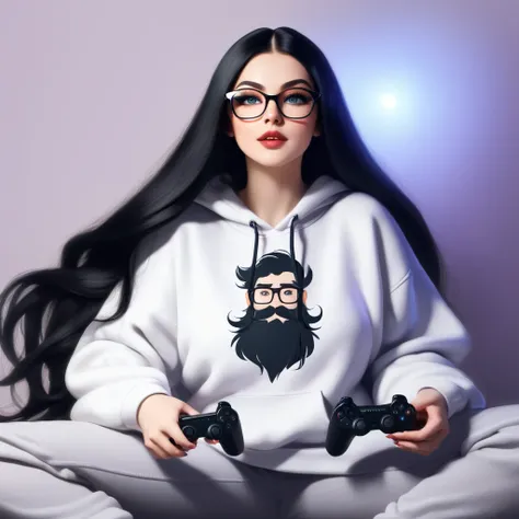 woman with huge and beautiful beard, long black hair, wears glasses, sweatshirt, geek nerd, plays video games