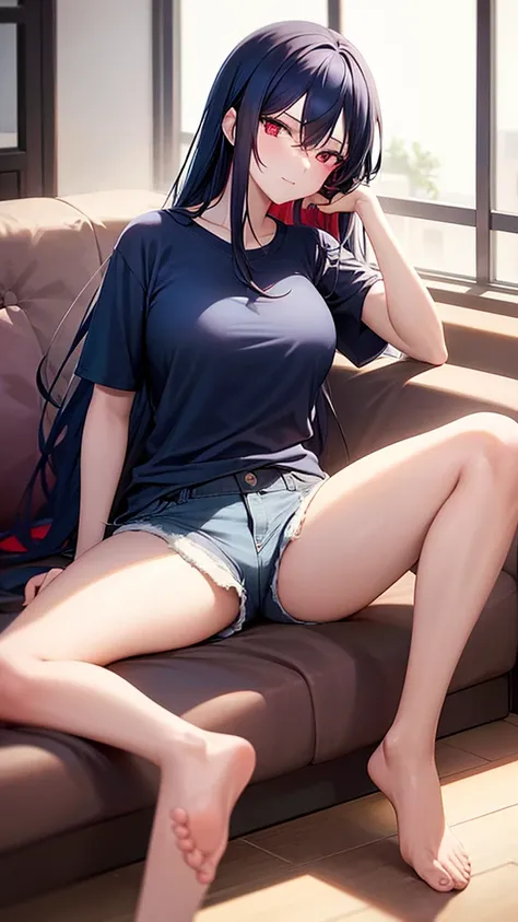 A sexy girl with long dark blue hair with red eyes and with a t-shirt and shorts in a modern apartment in the living room 