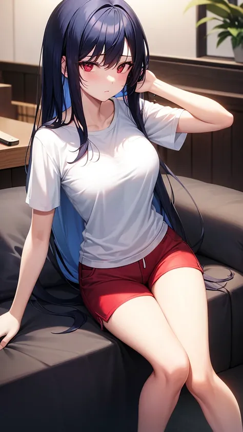 A sexy girl with long dark blue hair with red eyes and with a t-shirt and shorts in a modern apartment in the living room 