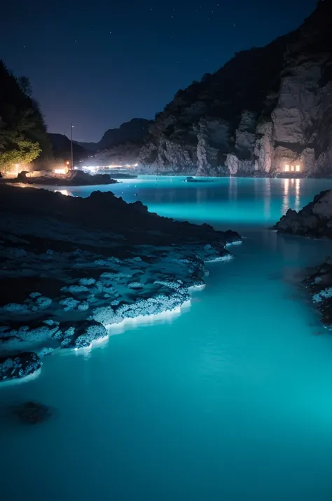 A blue lagoon at night with lighting from a streetlight