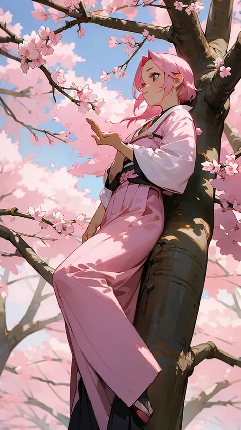 A girl with pink hair. She is standing under sakura tree