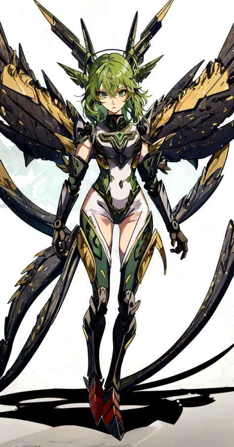 drawing of a female character with green hair and wings, mechanized valkyrie girl, wearing witchblade armor, anime character; fu...