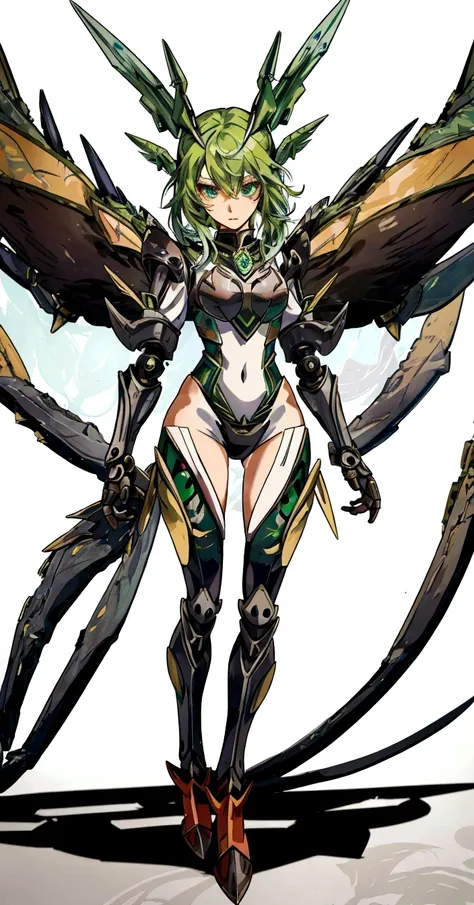 drawing of a female character with green hair and wings, mechanized valkyrie girl, wearing witchblade armor, anime character; fu...