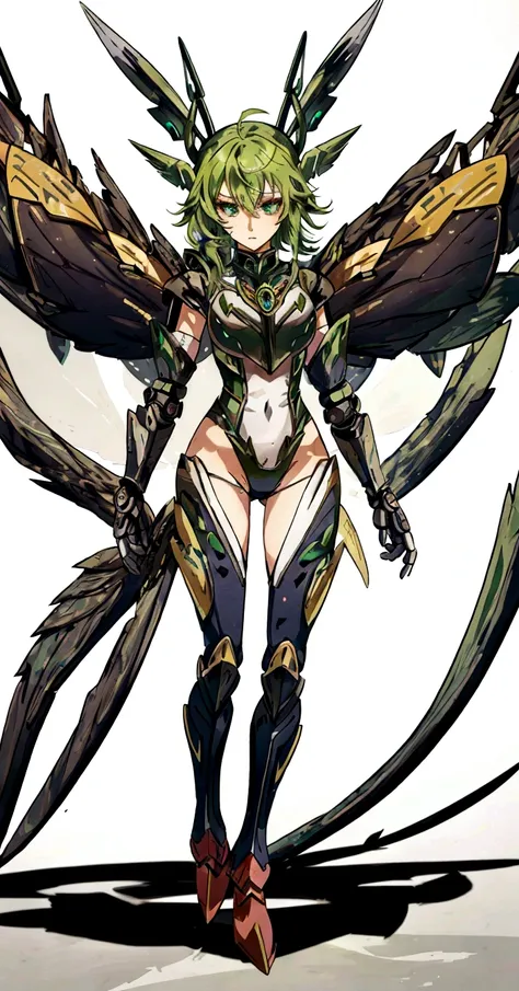 drawing of a female character with green hair and wings, mechanized valkyrie girl, wearing witchblade armor, anime character; fu...