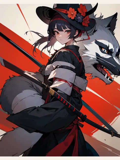 The wild raccoon man wears a ronin uniform and a straw samurai hat ,anime ,รายละเอียดน้อย