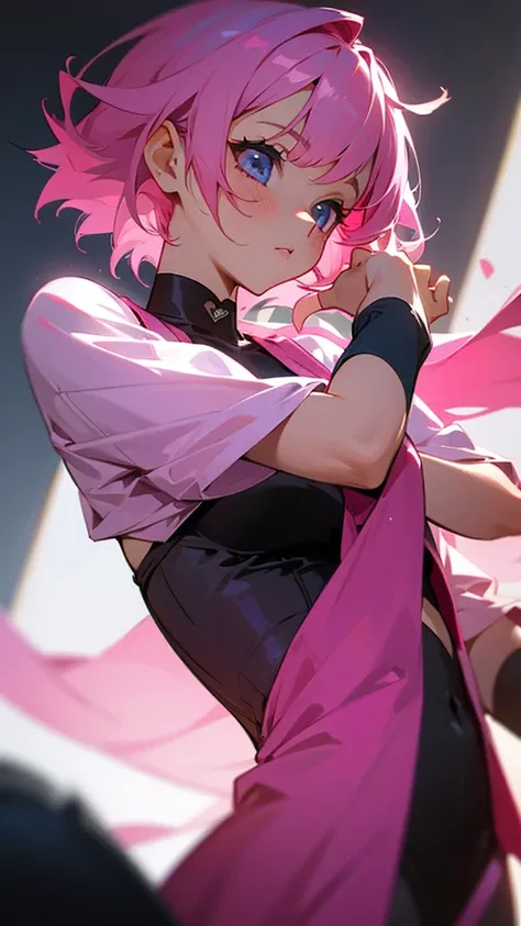 A girl with pink hair. 