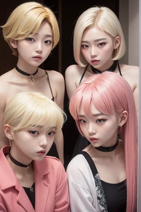 Two Korean twins, one with blonde hair with red highlights and the other with short blonde hair with pink highlights 